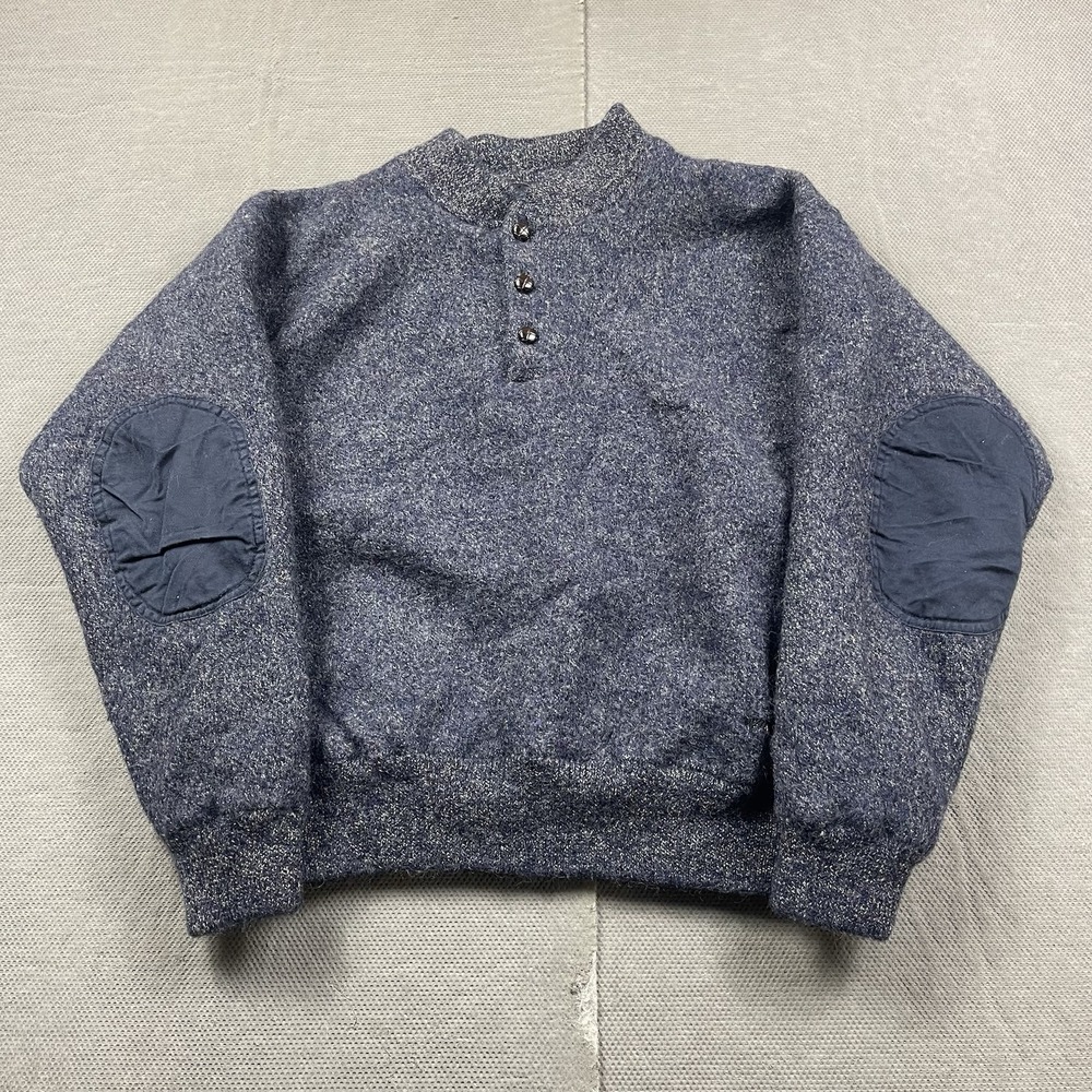 Cabelas Wool Sweater Mens Small* Blue Knit Pullover Henley Lined Elbow Patch
